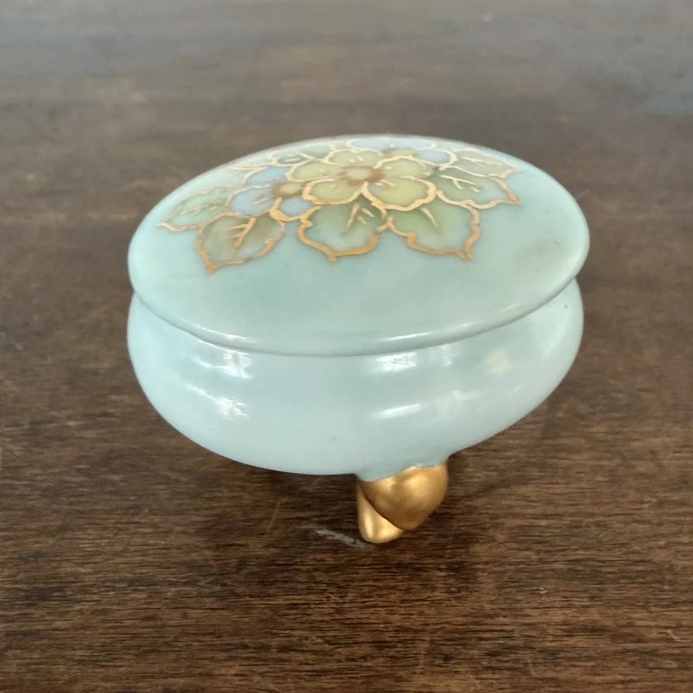 VTG English Blue Porcelain‎ Vanity Jewelry Trinket Dish Hand Painted Gold Floral